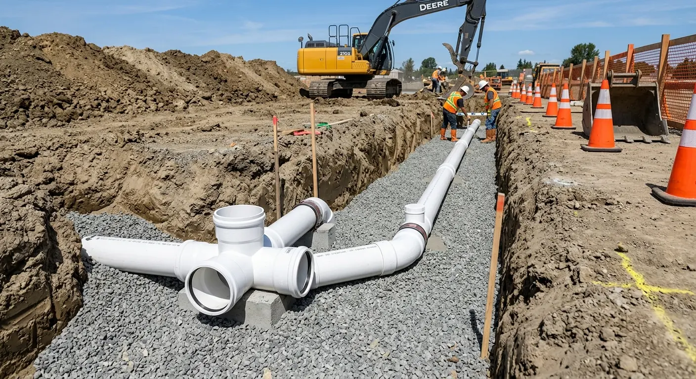 New PVC sewer pipe installation in open trench for Commercial Drain Cleaning in Knoxville