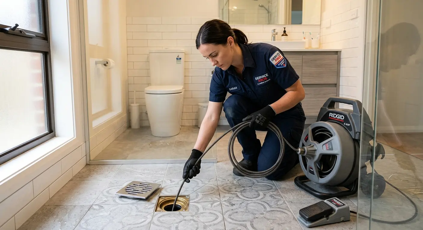 Technician clearing a bathroom floor drain for Drain Cleaning in Knoxville